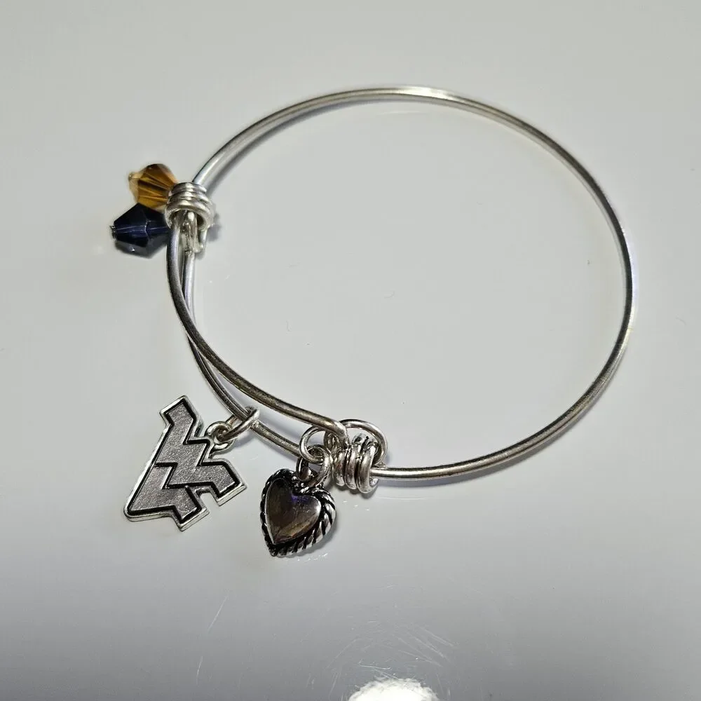 West Virginia Mountaineers Silver Tone Slide Heart Bead Charm Bracelet 7.5